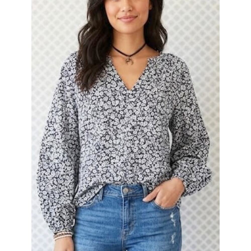 OLD NAVY Navy Floral Peasant Blouse L | Cotton Poplin Balloon Sleeve Top